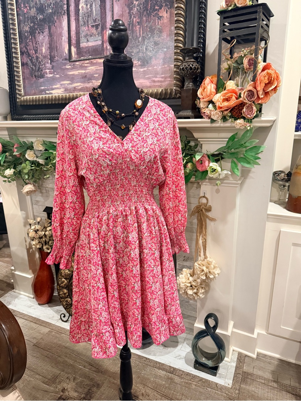 Floral Pink V-Neck Smocked Waist Midi Dress